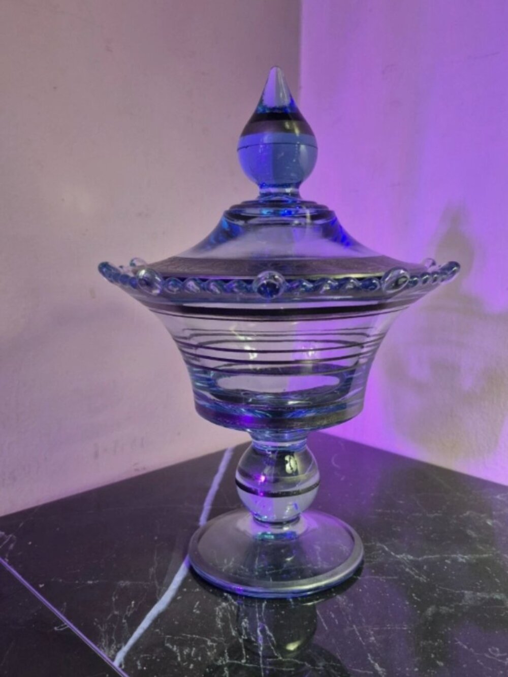 VTG PADEN GLASS CO GAZEBO CANDY LIDDED STEMMED DISH BLUE 10”